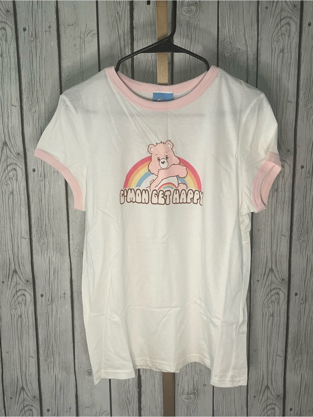VTG Y2K 2004 Care Bears cheer bear ringer t-shirt Kidcore baby doll fit retro xl